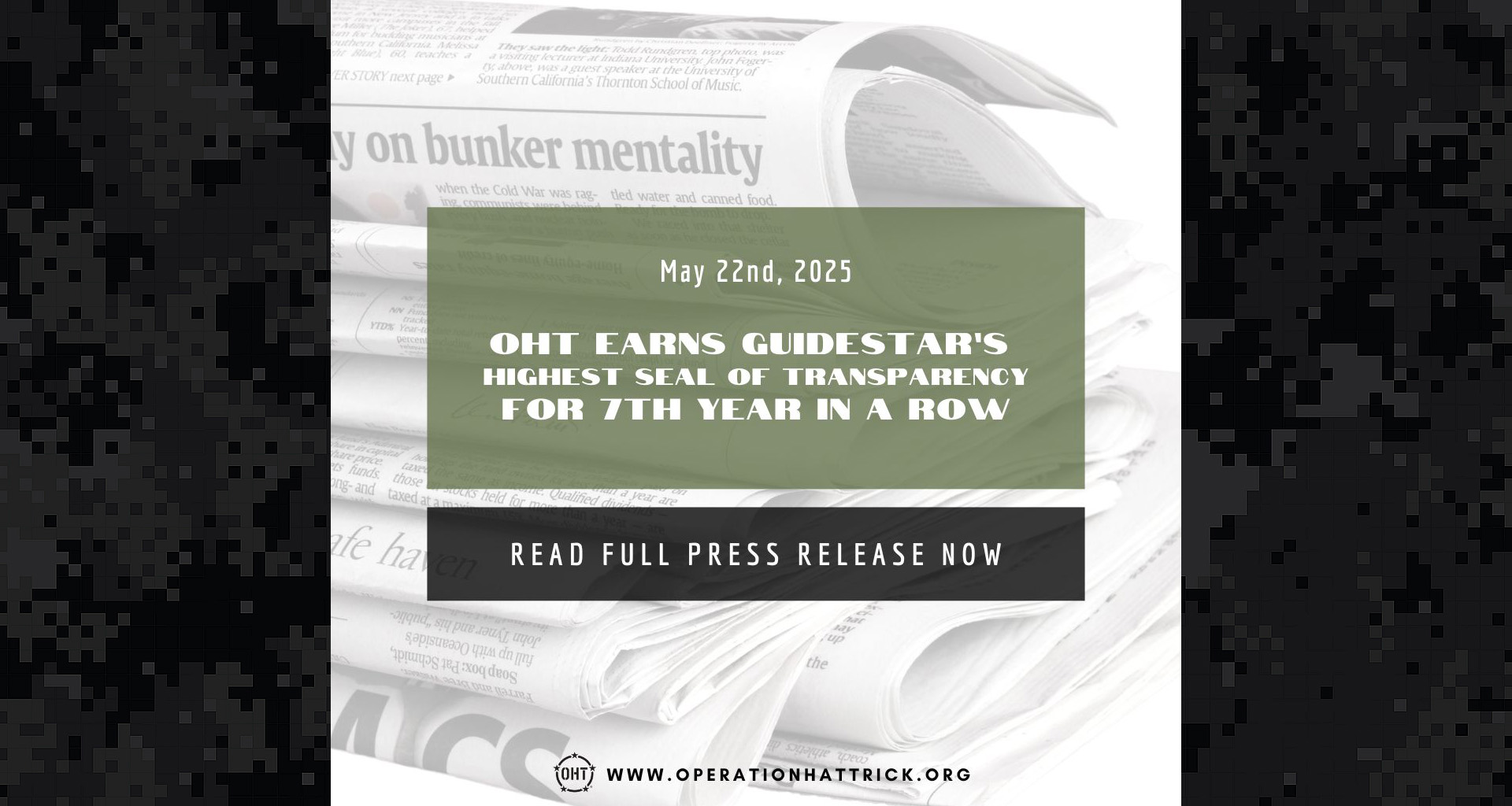 Operation Hat Trick Earns GuideStar’s Highest Seal of Transparency - Platinum Seal For the Seventh Year in a Row - Allows Donors to Focus on Progress and Results